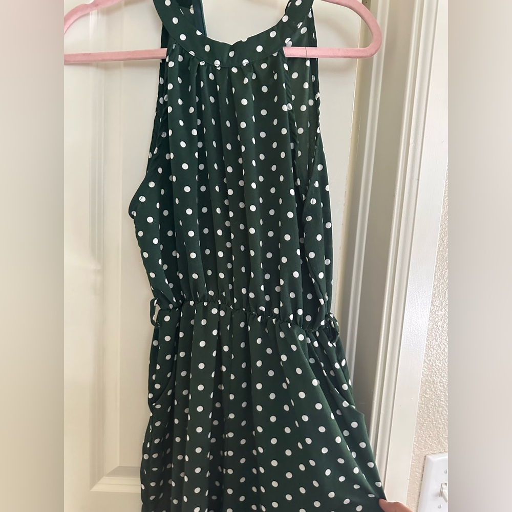 Green Polka Dot Jumpsuit/ with pockets and belt